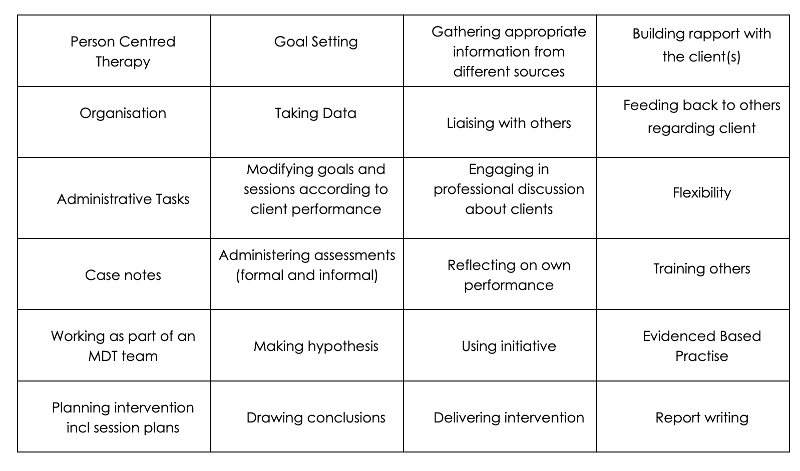 A screenshot of the cards used in this resource. Six general areas of performance are considered: observation and assessment, planning intervention, delivery of intervention, professional communication skills, clinical responsibility and self – appraisal and personal development.                   